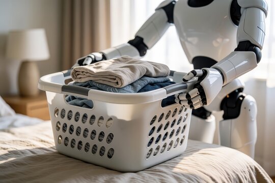 A sophisticated white humanoid robot carefully holds a laundry basket filled with folded clothing.