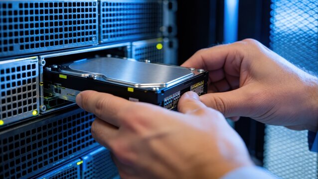 A technician carefully installing a new hard drive component into a rackmount server storage unit.