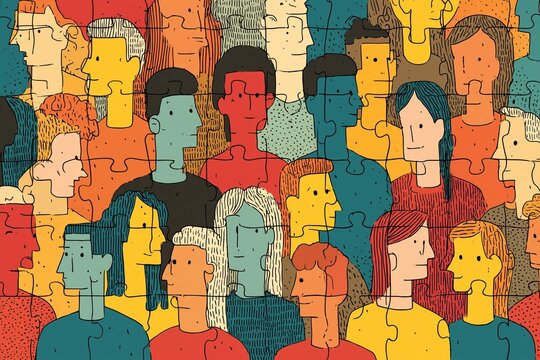 Jigsaw puzzle made of many colorful interlocking pieces each with a different stylized person, teamwork and belonging concept, flat vector illustration
