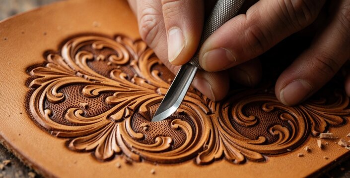 Close up of artisan hands using swivel knife to carve floral pattern on tan leather. Craftsman performs detailed tooling work with precision tool in workshop. Traditional leathercraft process shows