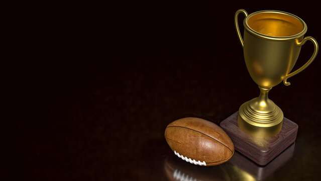 American Football and Golden Trophy on Dark Background 3d render.