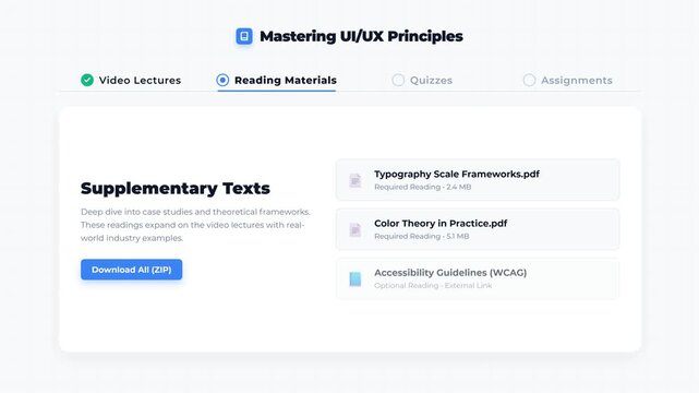 Frame-by-frame animated e-learning navigation. Features a smooth fade and slide-up panel transition, while completed tabs receive a satisfying, rotating checkmark reveal.