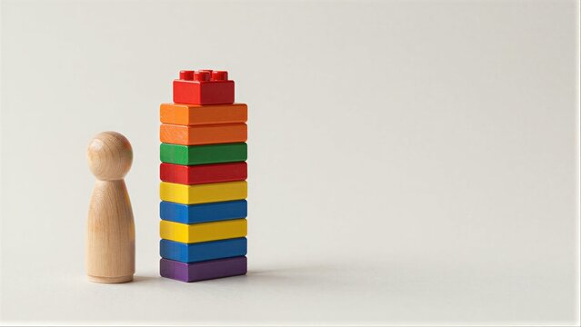 Wooden figure stands beside colorful LEGO tower, purple block rests nearby.