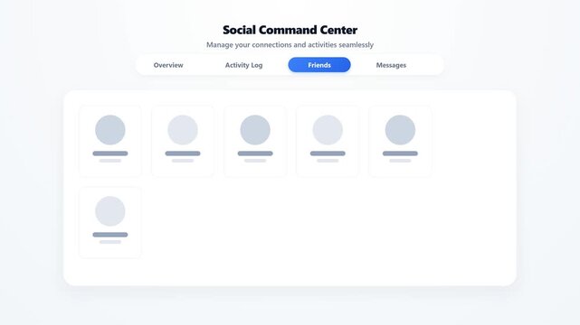 Animasi navigasi tab bergaya terang (light style) untuk dashboard sosial (Overview, Activity, Friends, Messages). Menampilkan efek transisi 'Floating Pill Morph' di mana latar belakang tab bergeser el