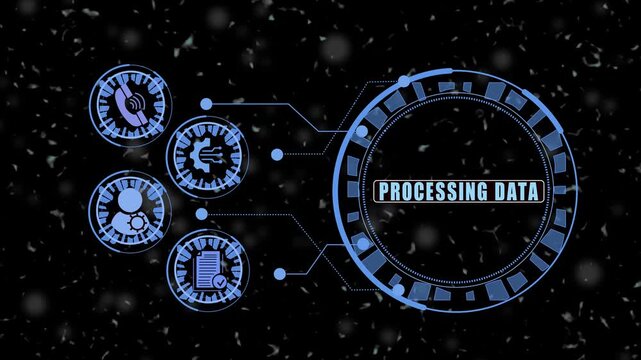 Digital data processing hud interface with animated and tech network technology