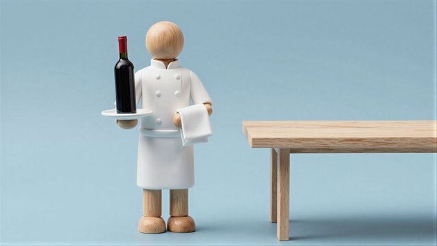 Wooden waiter figure holds wine and napkin, stands beside empty table.
