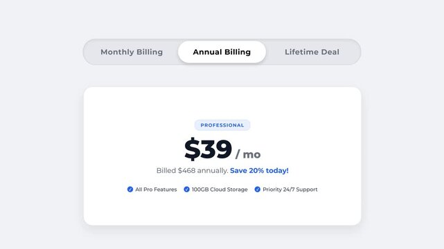 Frame-by-frame animated toggle switch with snappy transitions, revealing corresponding pricing tab panels in a clean light mode theme.