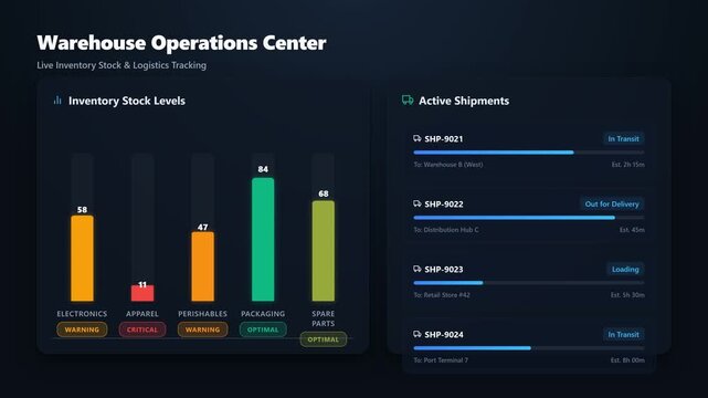 A 4K animated warehouse dashboard showing real-time stock levels with color-changing indicators and dynamic bar charts, alongside logistics tracking.