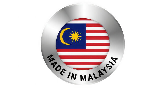 Made in Malaysia badge with national flag in a metallic silver circle isolated on transparent background