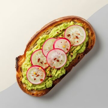 A delicious slice of toasted sourdough bread topped with creamy mashed avocado, radish slices, and red pepper flakes in a center frame, vegetable, organic, composition