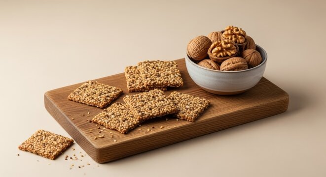 Simple artisanal seed crackers arranged on a raw wooden board with a small ceramic bowl of walnuts, set against a neutral beige background, neutral, light, flat lay
