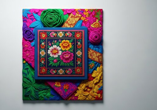 Ornate patterns and rich textures collide in a dense composition of vibrant colors, layered fabrics, and intricate floral arrangements, detailed, silk, embroidery