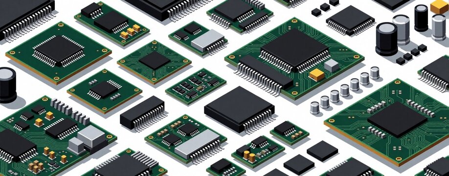 Isometric illustration of modern microprocessor set on white background. Collection shows electronic chips, motherboard components, capacitors, circuit board parts. Tech hardware elements for