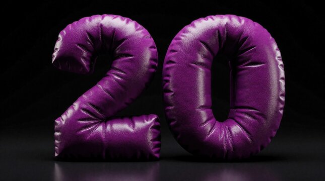 Purple inflated number 20 made of soft padded leather. Large 3D digits stand on black background with subtle reflection. Modern design for 20th birthday celebration, anniversary party, decade