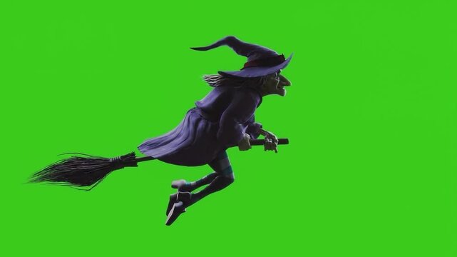 3D Animated Witch Flying on Broomstick on Green Screen