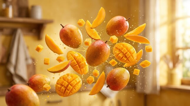 Floating mango slices and whole fruit in warm kitchen.