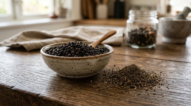 Whole and ground black peppercorns in rustic kitchen setting.