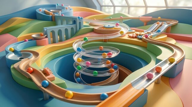 Colorful toy marble run track with spiral and slides.