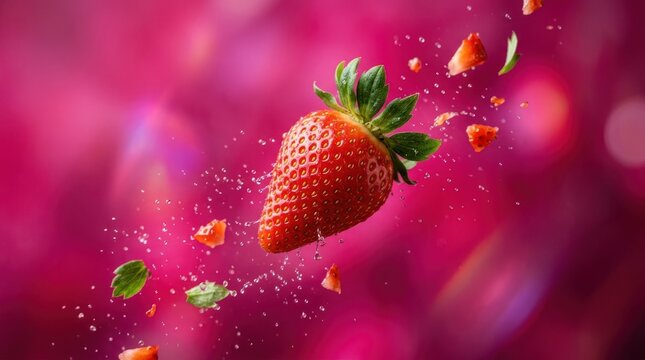 Single fresh strawberry flying through vibrant pink blurred background.