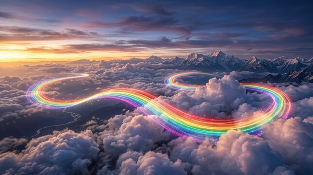 Glowing rainbow winding through clouds above a mountain range.