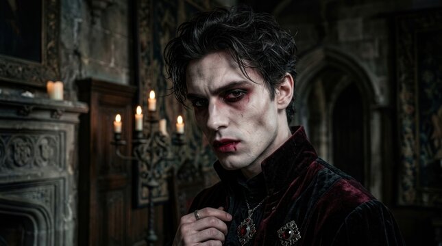 Male vampire in a gothic castle with lit candles