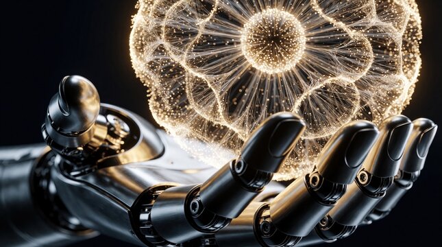 Robot hand holds glowing 3D hologram of complex data sphere. Futuristic artificial intelligence agent superintelligence, AGI technology. Digital neural network with golden light particles floats