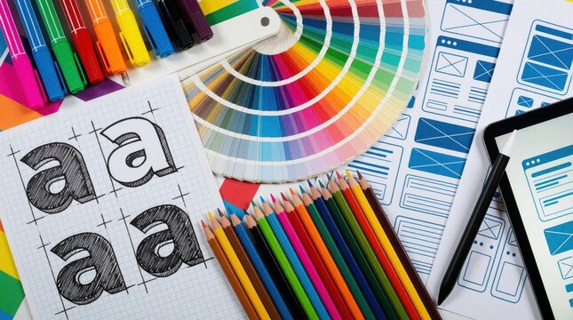 Graphic designer workspace with typography sketches on paper, colorful markers, pencils, color fan. Digital tablet with stylus shows UI layout mockups. Creative desk setup for branding, web design,