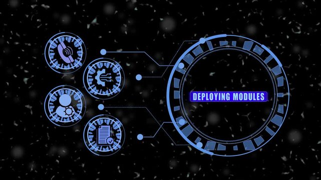 Futuristic hud interface with deploying modules animation, digital technology ui overlay for data processing and software development