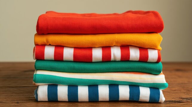 Five childrens leggings are folded neatly on a wooden surface. The leggings showcase solid colors and simple stripe patterns.