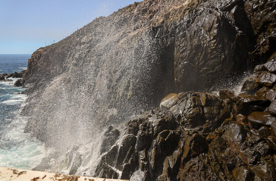 Dramatic Ocean Water Spray Exploding from La Bufadora Blowhole in Ensenada, Mexico.