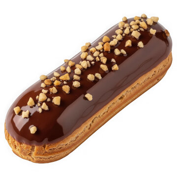Delicious chocolate eclair with nuts topping isolated on transparent background