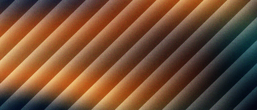 Abstract geometric background with diagonal parallel lines and rhythmic patterns, sleek architectural texture featuring warm orange light and cool blue shadows on metallic surfaces