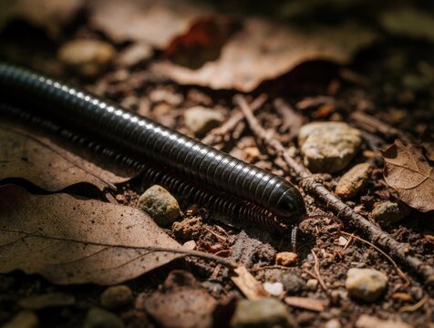Black millipede Tachypodoiulus niger crawls on forest floor among dry leaves, small stones. Segmented long body with shiny rings moves through dirt, organic debris. Small arthropod explores woodland