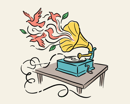 Vintage gramophone illustration, music record player with birds flying out, retro music art, nature and sound concept, artistic vinyl player