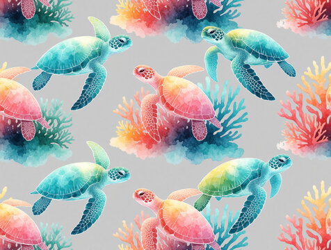 Seamless pattern with colorful sea turtles, coral reef. Watercolor style illustration shows green, pink turtles swimming underwater. Marine life design for textile print, wallpaper, fabric, summer