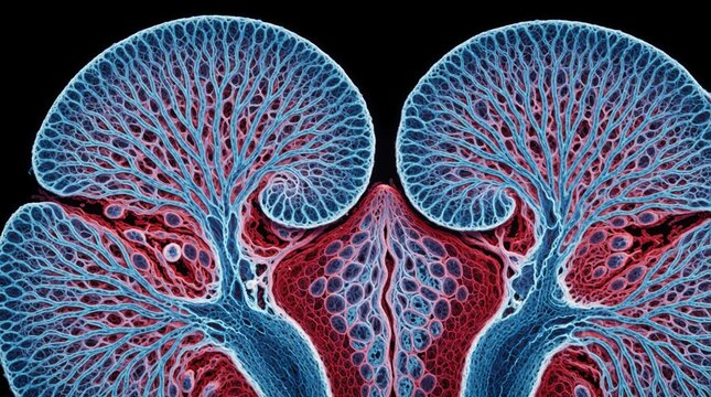 Microscopic view of human hippocampus brain structure. Detailed illustration shows anatomical layers like dentate gyrus, CA1 CA2 CA3 regions. Neural cells form complex network with distinct patterns.