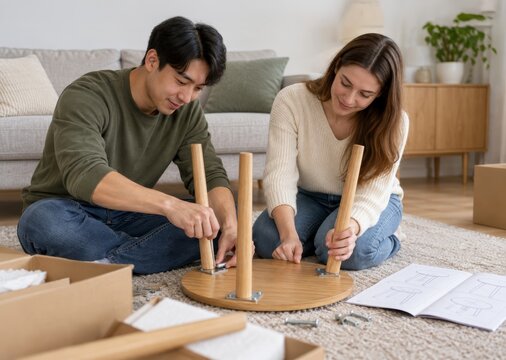 Asian couple assembling wooden side table at home. Man and woman working together with tools, hardware, instructions and flat pack furniture during DIY project