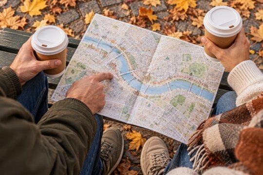 Friends planning autumn city walk with paper map and takeaway coffee on park bench, hands tracing route among fallen leaves, travel navigation and outdoor friendship