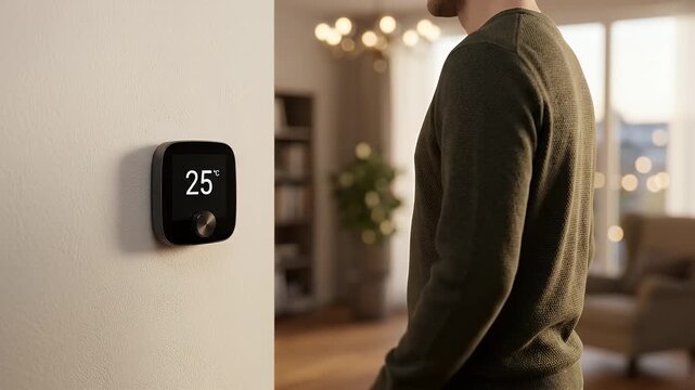 Man Adjusting Smart Digital Thermostat for Home Heating Cooling System