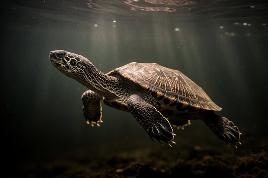 Siebenrock turtle swims underwater in dark fresh water. Long necked reptile moves through deep sea lake. Close up detail of shell, skin. Endangered species explores aquatic habitat under sun rays