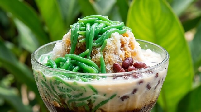 Traditional cendol dessert with green rice flour jelly and red beans in a bowl served in a garden. Malaysian Cuisine
