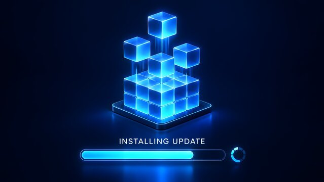 Software update installation concept with glowing blue modular data cubes assembling above loading progress bar