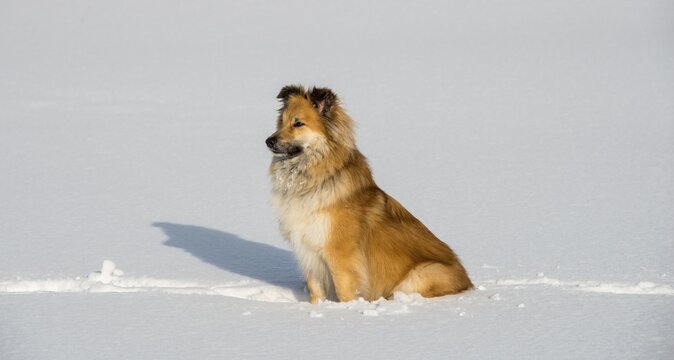 Islanddog (Canis lupus familiaris) sits in the snow, also Icelandic Spitz, Icelandic Shepherd, Iceland