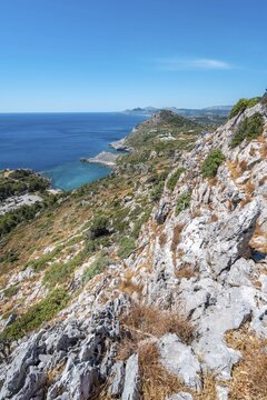 View of coast, Faliraki, Rhodes, Dodecanese, Greece