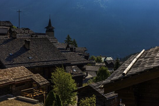 Shingle roofs at dawn, historic village centre, Grimentz, Val d'Anniviers, Valais Alps, Canton Valais, Switzerland