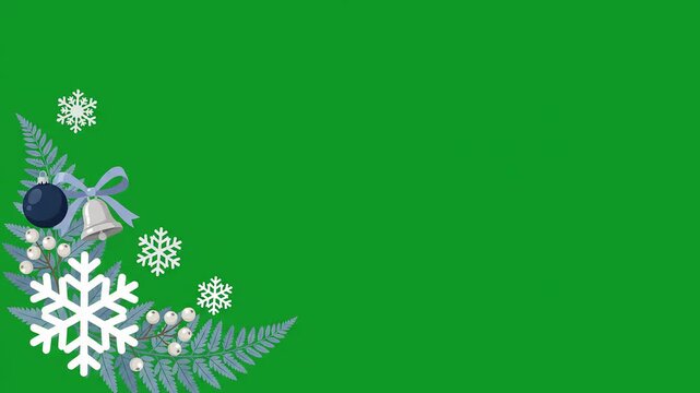 2D vector animation of a festive corner Christmas decoration featuring white snowflakes, fern leaves, silver bells, and holiday ornaments isolated on green screen.