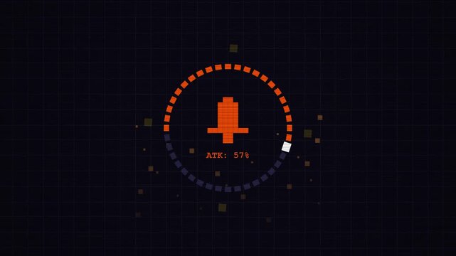 A glowing orange HUD interface with a pixelated central icon displays technical data metrics for gaming enthusiasts who want to visualize advanced computing feedback during intense interactive