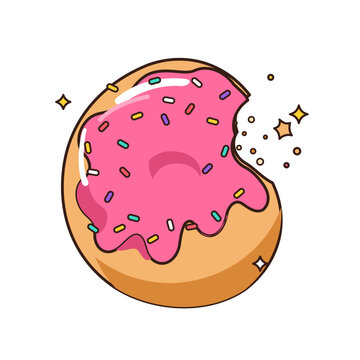 Cartoon pink strawberry glazed donut with colorful sprinkles and bite mark