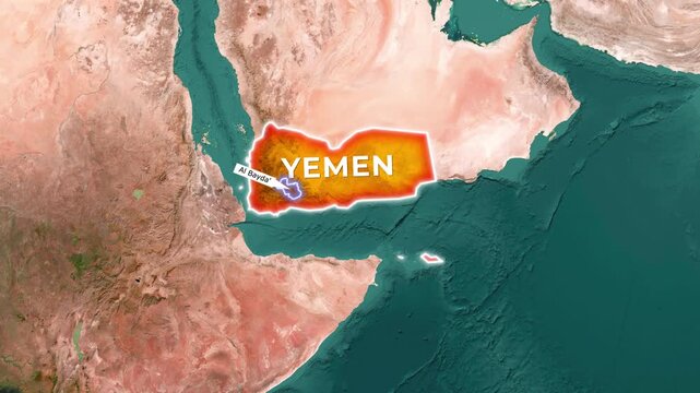 Animated map zooming into Yemen and highlighting Al Bayda city