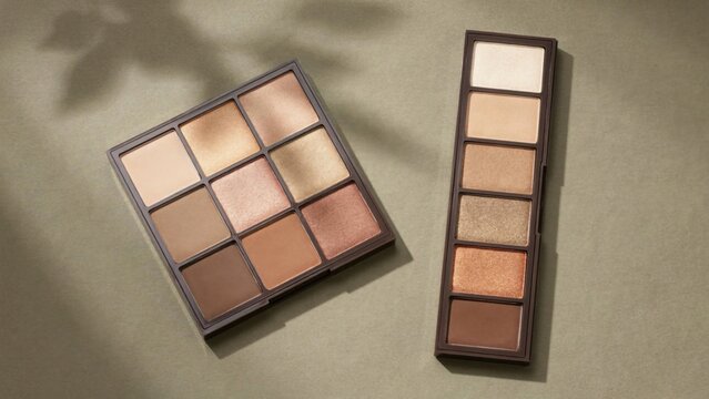 Eyeshadow palettes featuring warm neutral tones and shimmery shades for professional makeup application
